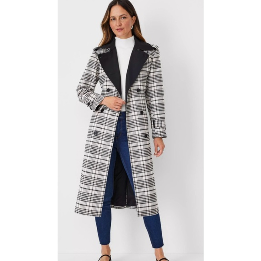 NEW ANN TAYLOR BLACK WHITE TWILL PLAID TRENCH COAT SZ XXL